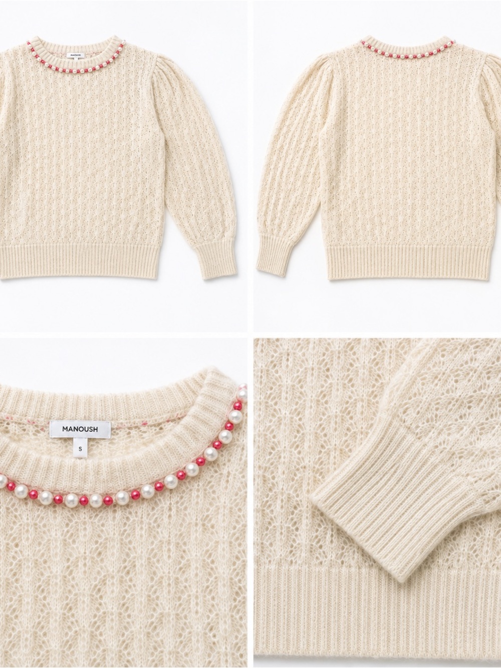 Manoush Cream Pearl-Trim Cable Sweater